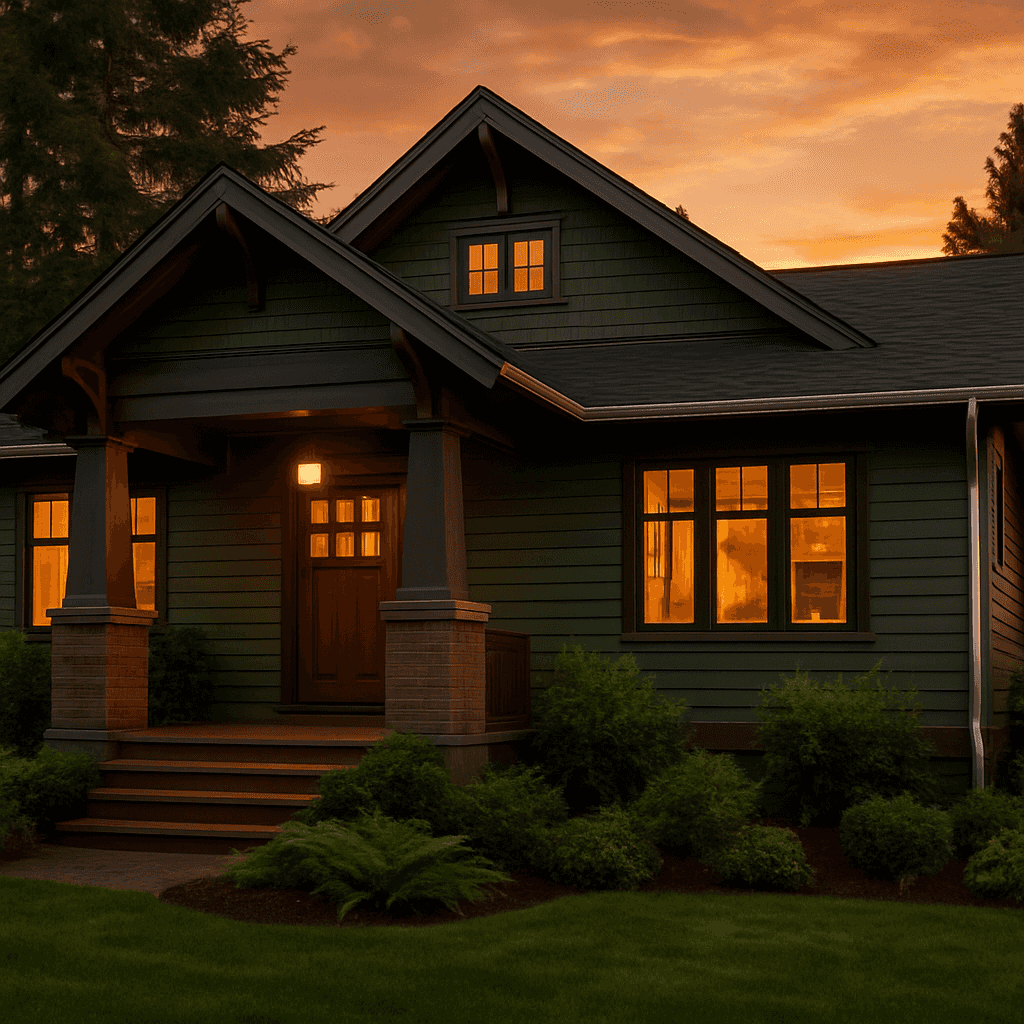 Pacific Northwest home with new seamless gutters at golden hour