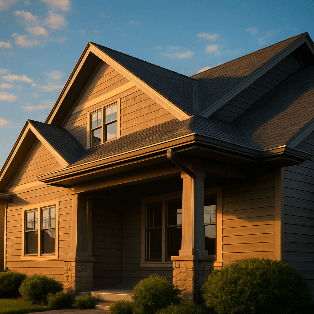 Modern home with newly installed seamless gutters at golden hour